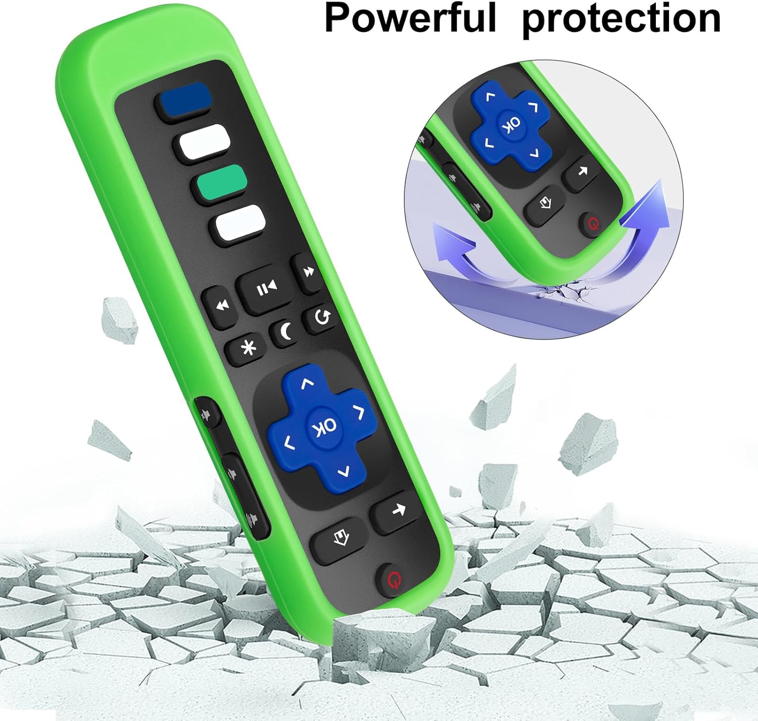 A green-covered Roku remote standing upright on a cracked surface, with an inset showing the remote bouncing, symbolizing powerful protection against drops.