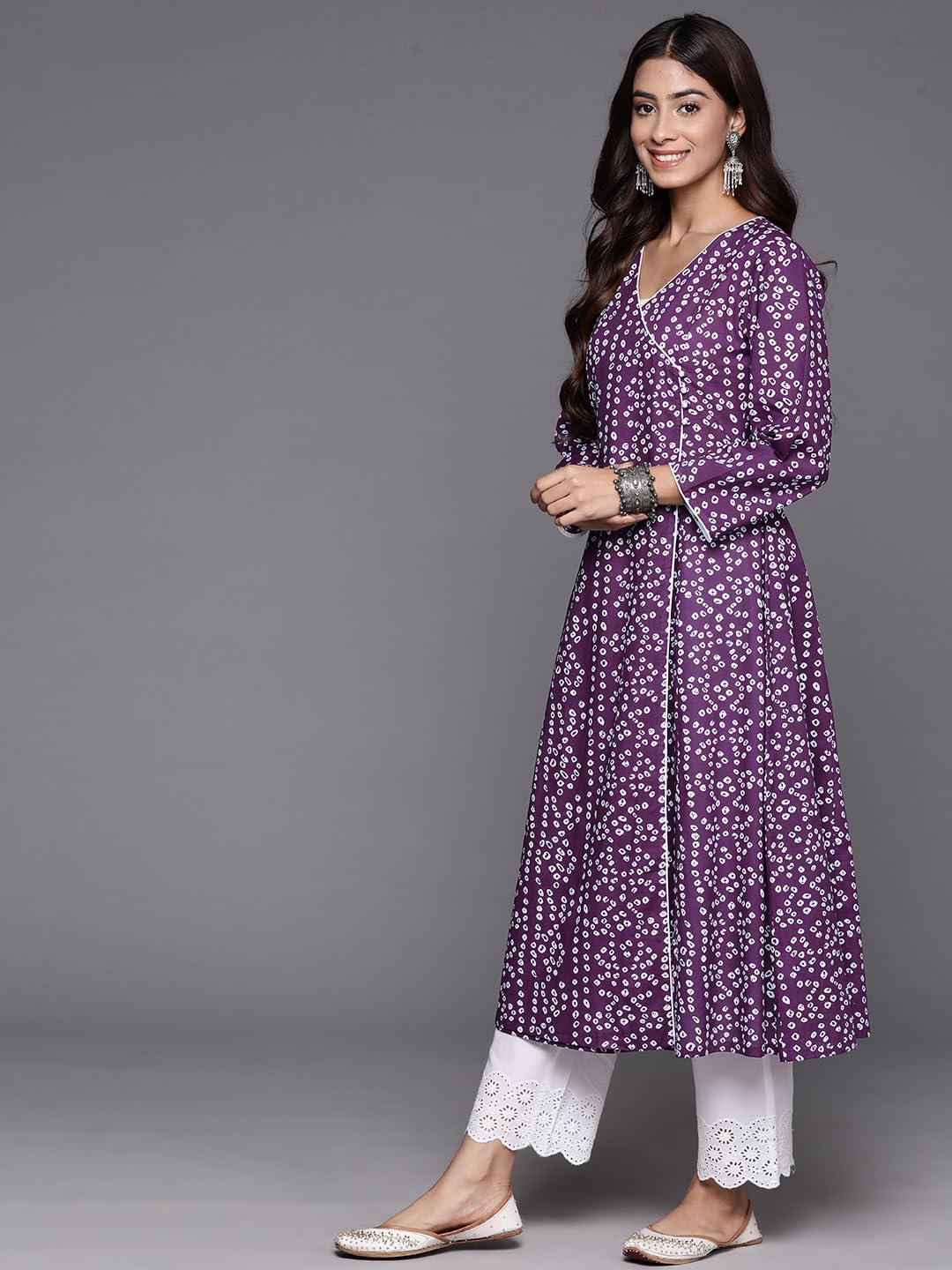 Varanga Women Purple V-Neck Bandhani Print Angrakha Style Anarkali Kurta With Piping Detail For Traditional (Small)