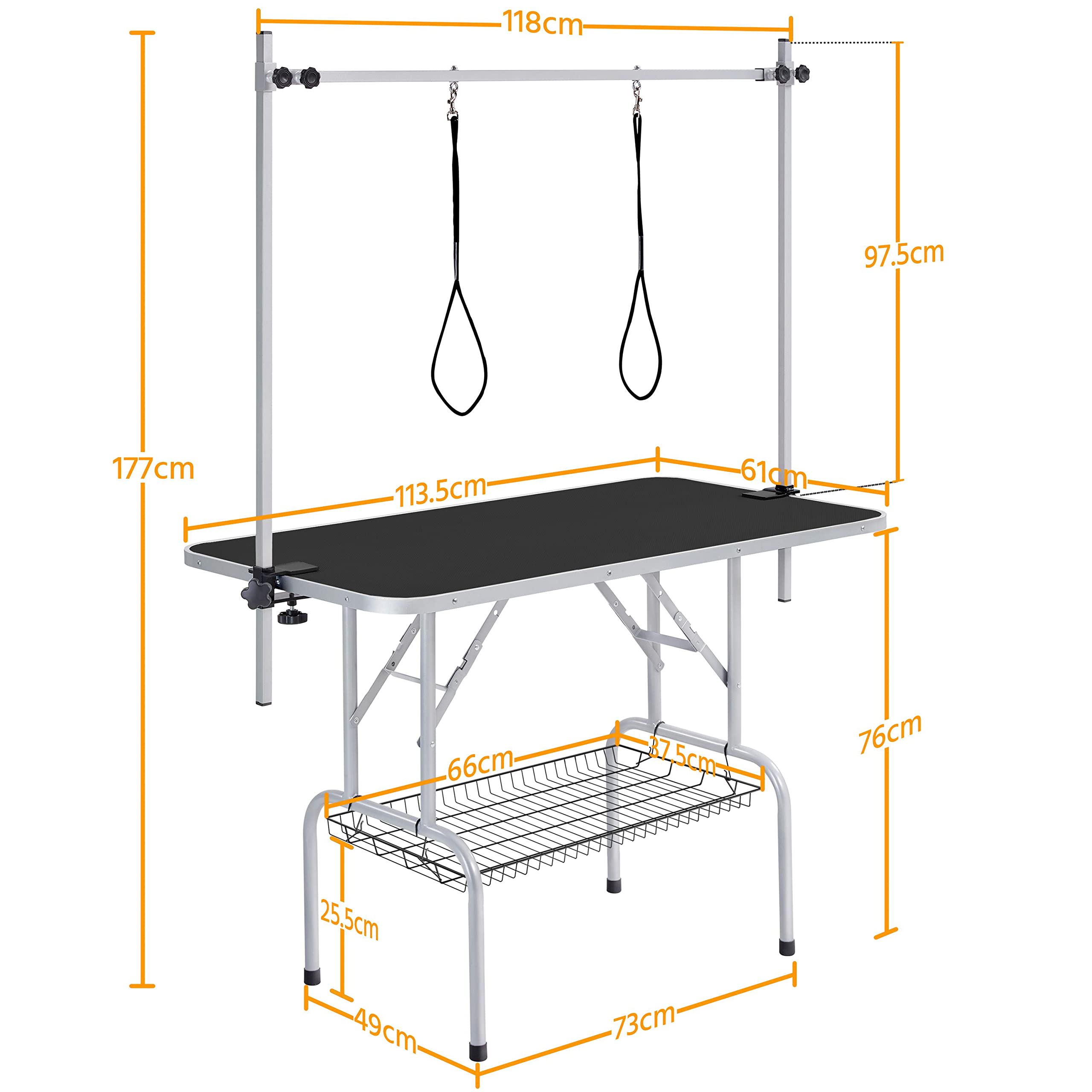 Yaheetech Mesa de Peluquería Mesa Peluqueria Canina para Mascotas Grande 118x60x177cm Plegable Mesa de Aseo para Perro Canina Altura Ajustable Negra