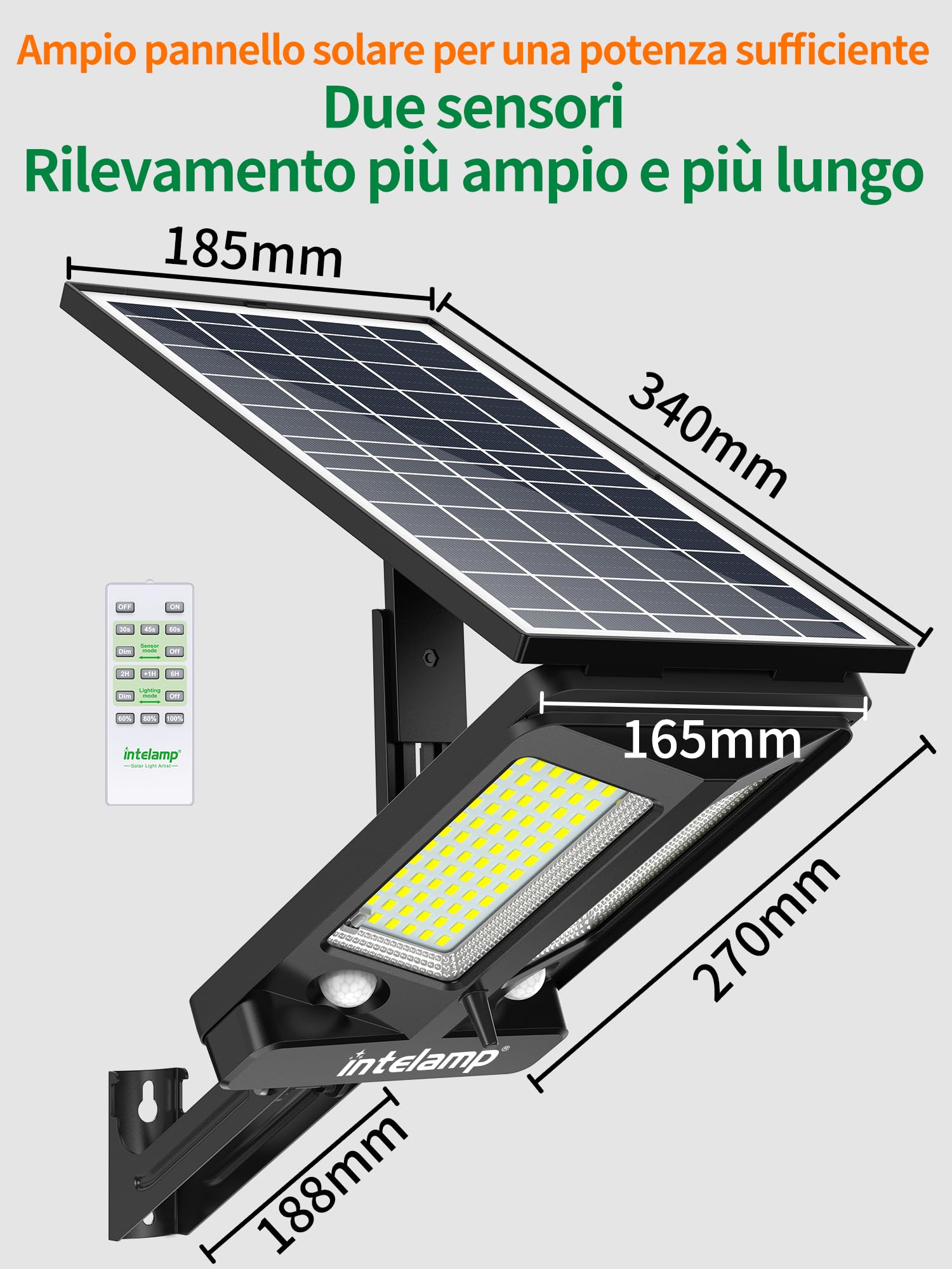 INTELAMP Faretto LED da Esterno Solare,12500mAh Faro Con Pannello Solare, IP65 Impermeabile Lampione con Sensore di Movimento, 3000LM/6500K Luci da Esterno per Giardino, Terrazza, Garage