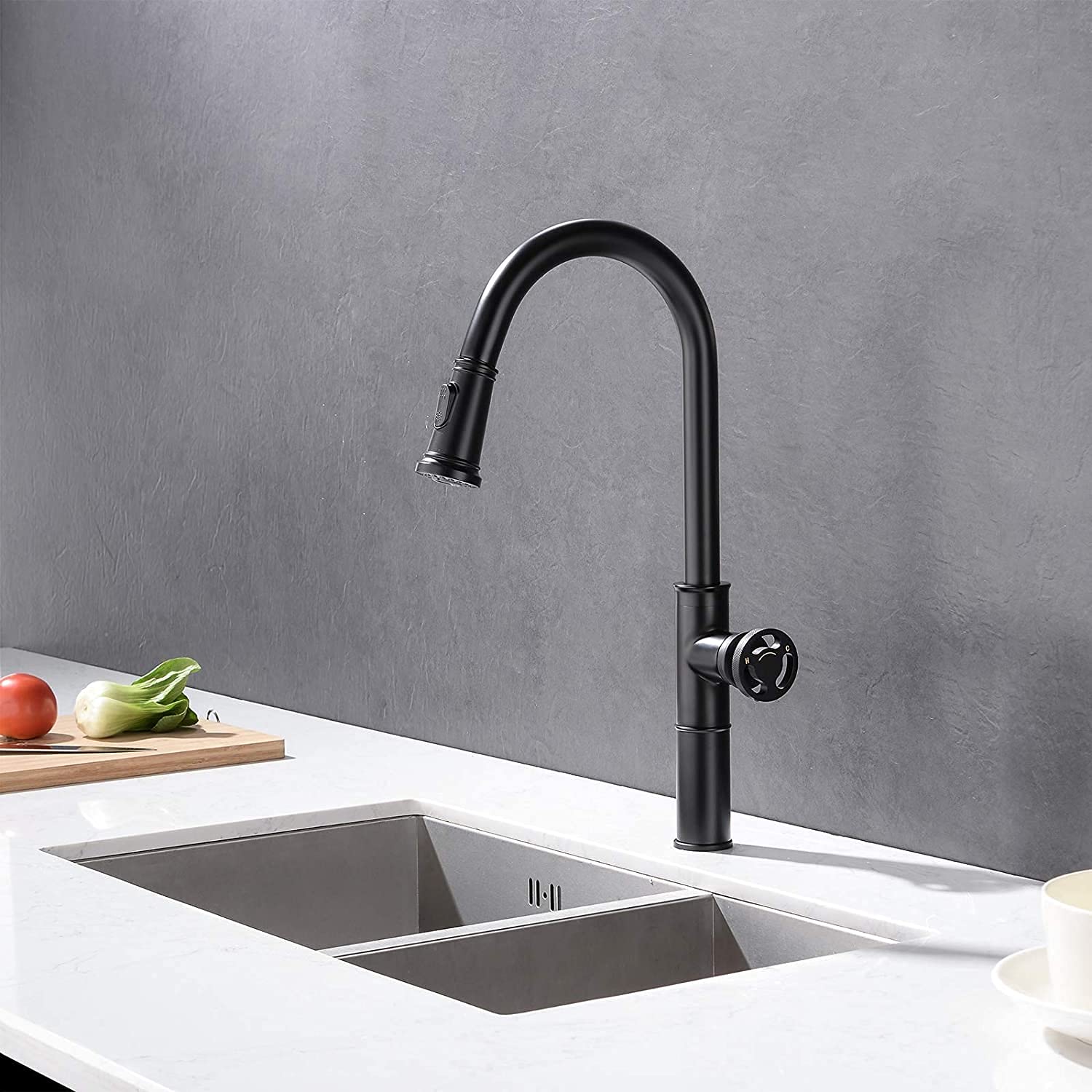 Rubinetti per lavello da Cucina Rubinetto per lavello in Stile Industriale Miscelatore per lavabo in Ottone con Estraibile, Miscelatore per Acqua Calda e Fredda con Maniglia Singola, Gorgogliatore 2