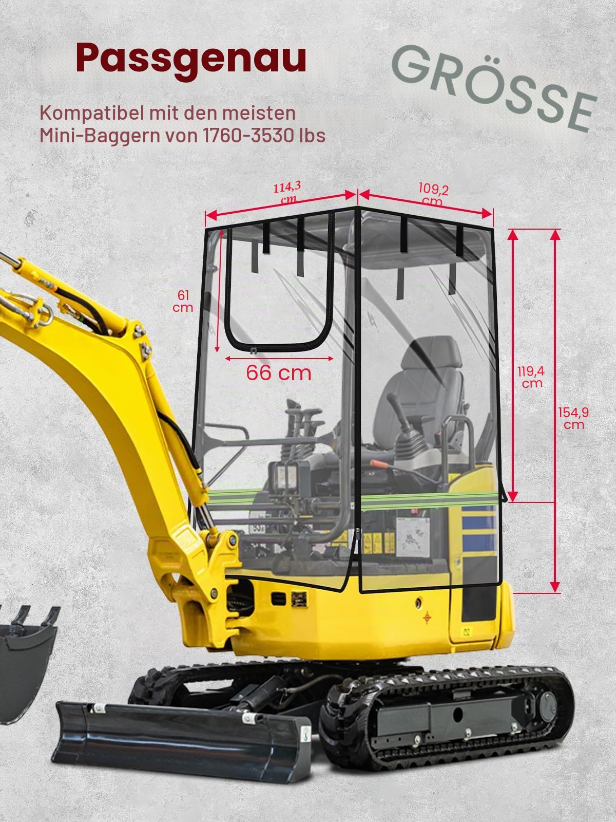 Mini-Bagger-Abdeckung, transparente Baggerkabinen-Hülle aus 600D Oxford-Gewebe & PVC-Folie, kompatibel mit Bobcat E20/Kubota U17 für 798–1600 kg, wasserdicht, UV- und Regenschutz