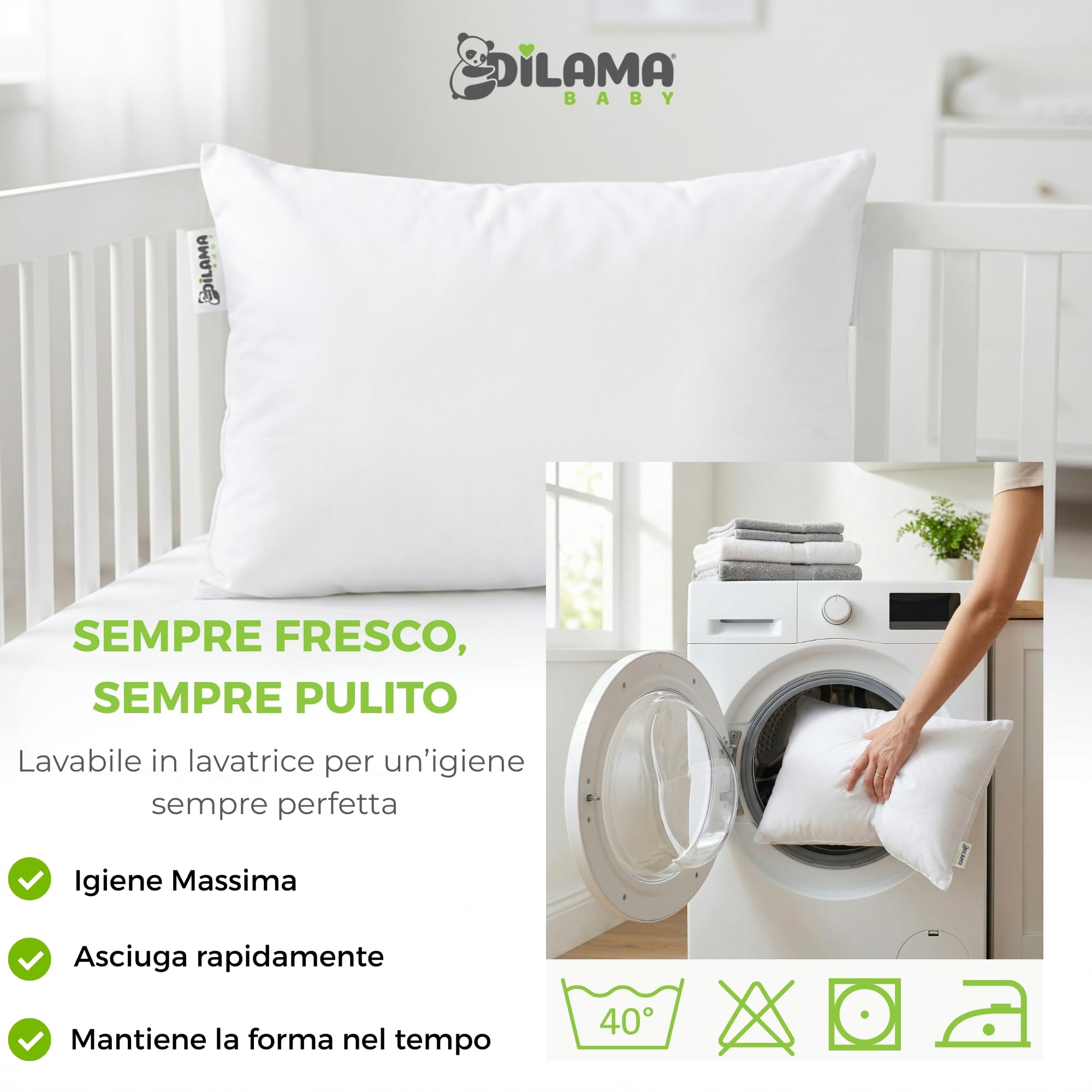 Dilamababy Cuscino Lettino Bambino 40x60 Regolabile in Altezza Anallergico Antiacaro Lavabile Federa Cotone Percalle Oeko Tex