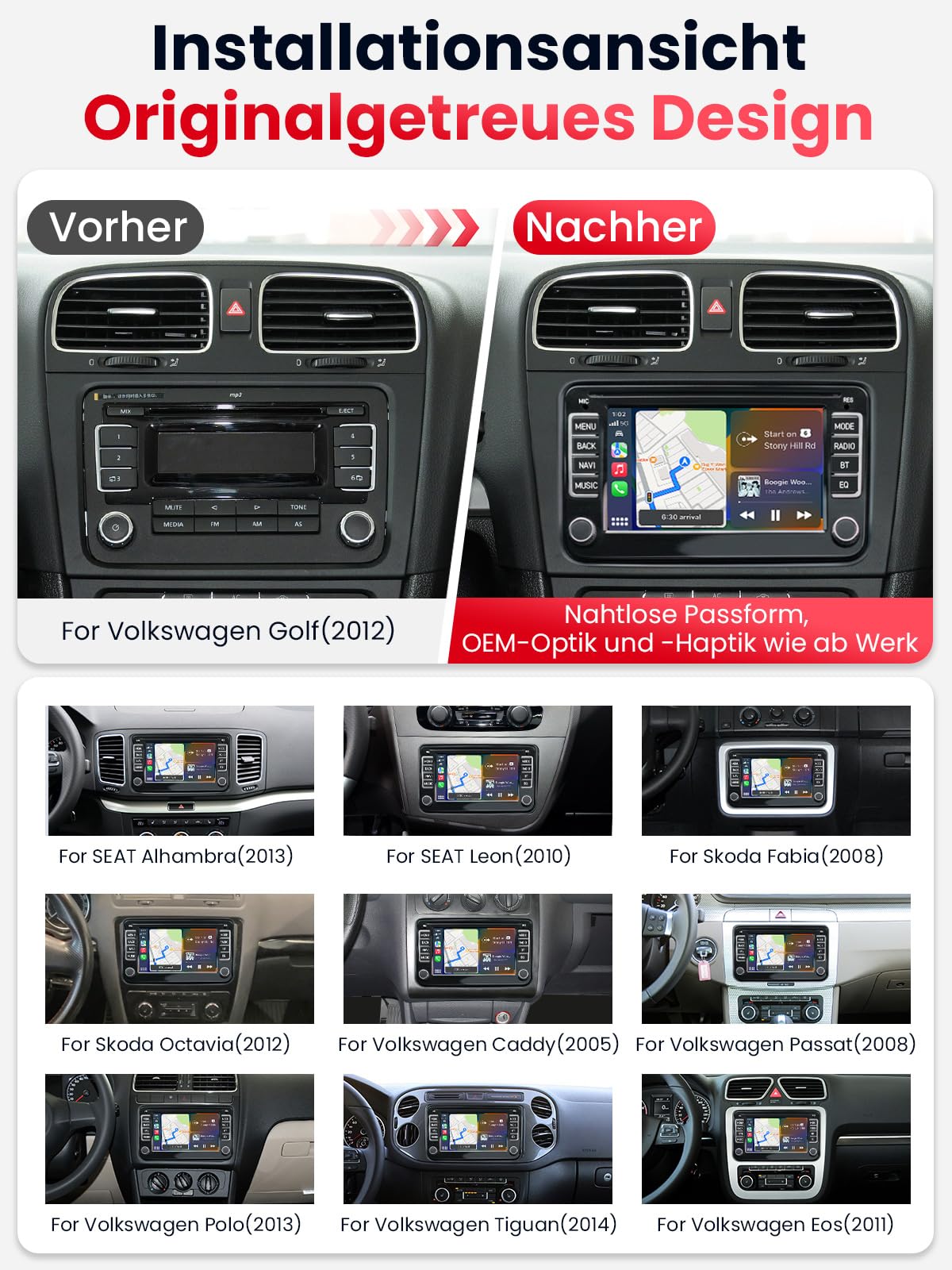 Doppel DIN Bluetooth Autoradio mit Bildschirm für VW Golf 5 6 T5 Polo 6R Caddy Passat Touran, Skoda, SEAT, Wireless CarPlay Android Auto Mirrorlink, 7" Auto Radio, 4+64GB, WLAN DAB+ FM GPS