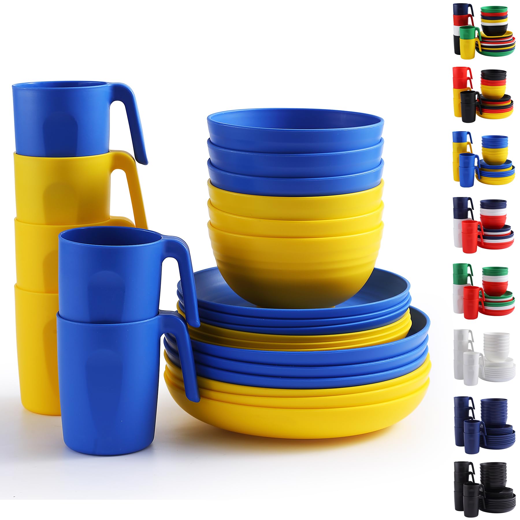Berglander Plastikgeschirr-Sets 24-teiliger für 6 Personen, wiederverwendbare Teller und Schüsseln-Sets mit Speisetellern, Desserttellern, Müslischalen, Tassen für Zuhause, Garten, Picknick, Camping