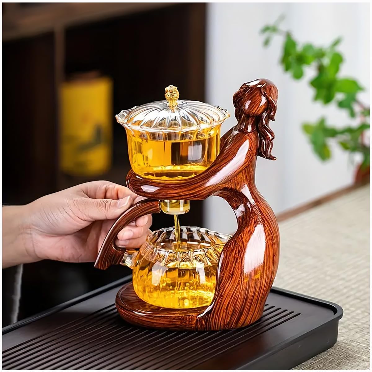 Lazy Kungfu Teekanne Set, Glas Magnetische Teekanne, halbautomatische Wasserführung, magnetische Teekanne mit Teesieb, hitzebeständiges Kungfu-Teeset, Kaffeeset (Red Maiden)