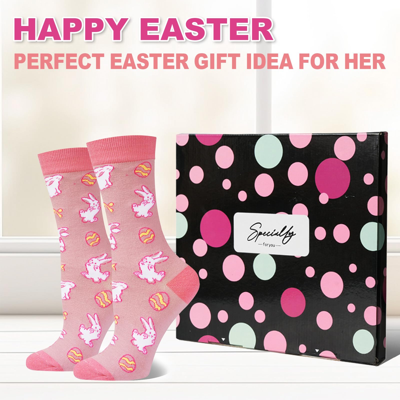 Easter Socks for Women, Funny Bunny Egg Crew Socks Teens Girls Easter Basket Stuffers Novelty Gift for Rabbit Lovers
