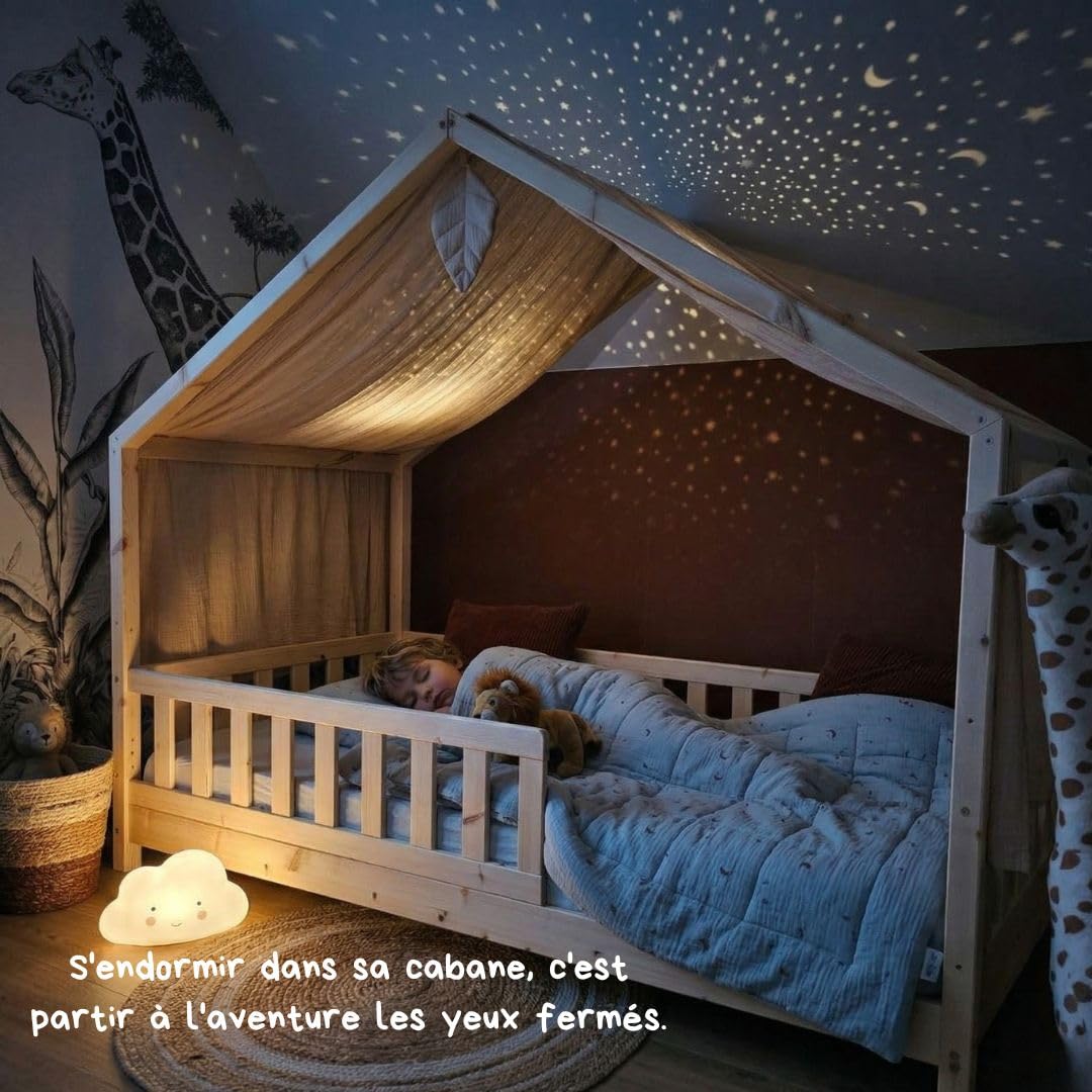 Ciel de lit cabane,100x350 cm, Coton Biologique Beige, décoration pour Chambre bébé ou Enfant. Inclus : 1 Toile lit cabane; 1 Feuille de décoration et Les Attaches Pratiques.