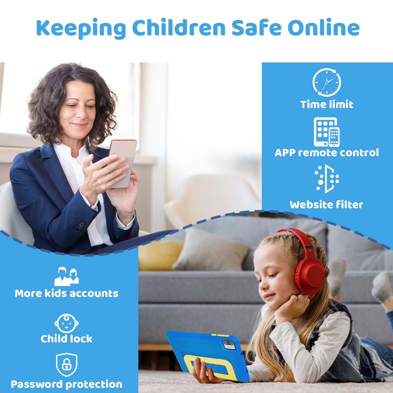 Tablet für Kinder, Tablet mit 7 Zoll für Kinder, 8GB RAM + 64GB ROM, 128 GB Expand, Kindersteuerung, Software für Kinder vorinstalliert, Dual-Kamera (blau)