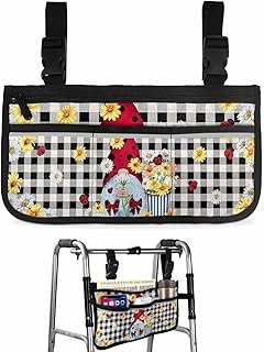 Ladybug Gnomes Wheelchair Side Bag Walker Bag, Summer Farmhouse Daisy Black Plaid Wheelchair Accessories Armrest Pouch, Organizer Storage Bag for Walkers, Rollators, Scooters, 7.3'x13'