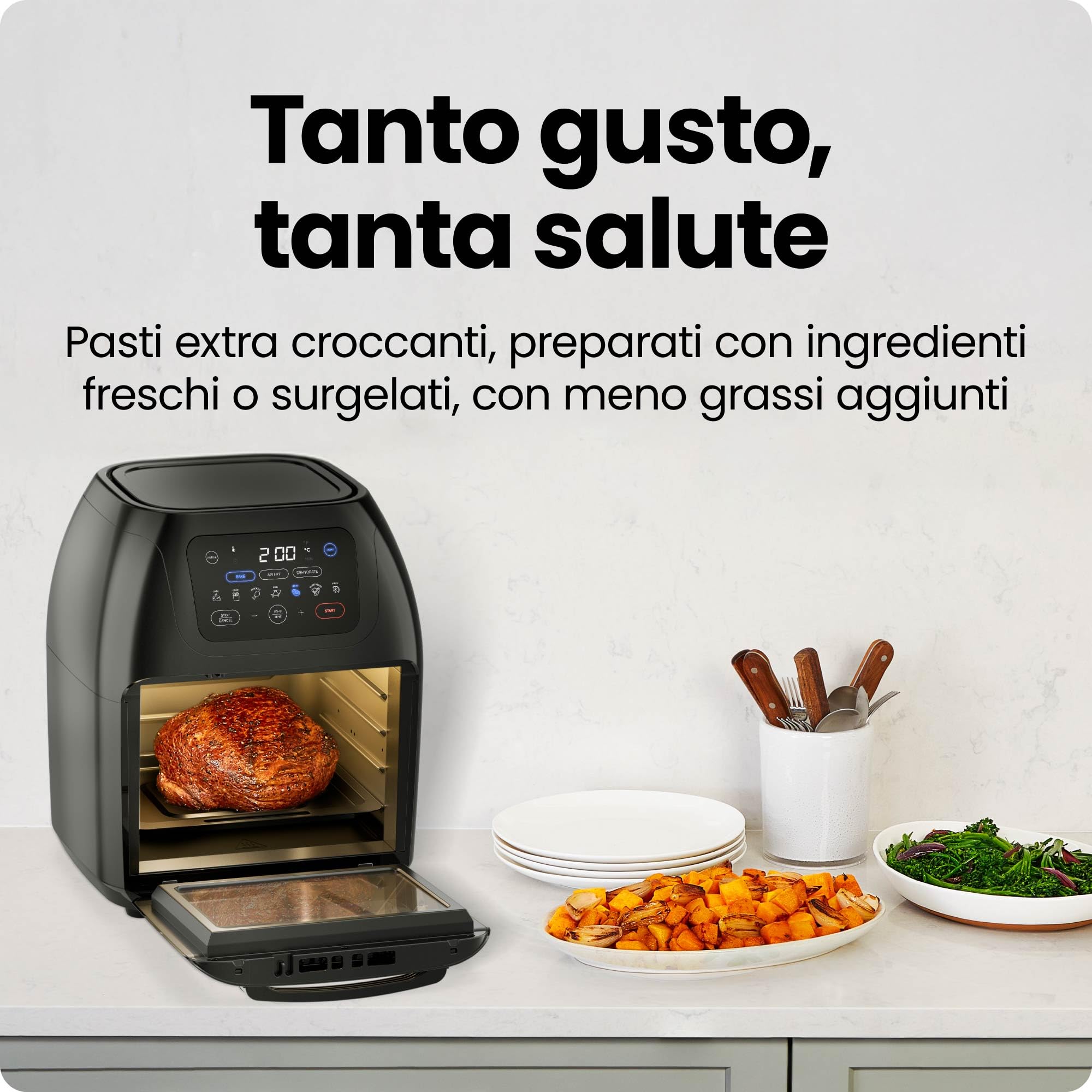 Chefman Friggitrice Digitale Multifunzionale, Girarrosto, Disidratatore, Forno a Convezione, 17 Preselezioni Touch-Screen, Friggere, Arrostire, Spegnimento Automatico, Formato Famiglia XL 10 L, Nero
