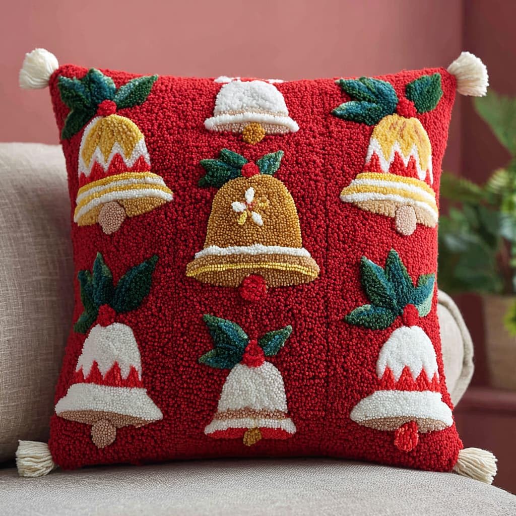 Taxpy DIY Latch Hook Pillow Kits, Christmas Bells Throw Pillow Cover Pre-Printed Patterns Pillowcase Needlework Crochet Yarns Latch Hooking Cushion for Sofa Decor 17x17inch