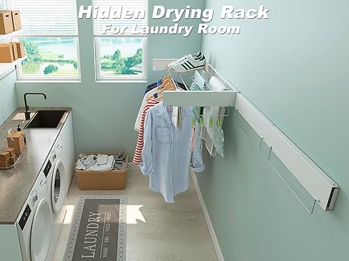 Miniatura 4 de SKIKEN Estante de secado oculto para lavandería, montado en la pared, estante de secado plegable, maestro de ahorro de espacio, delgado y extraíble,