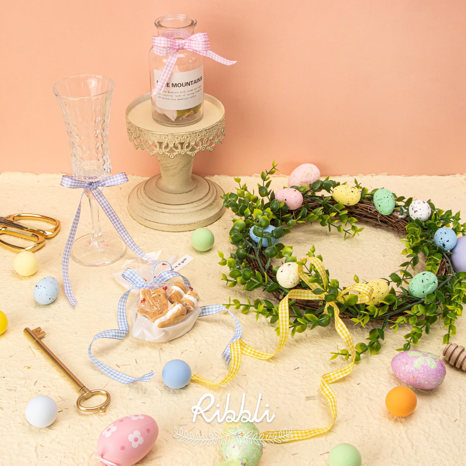 Ribbli 4 rollos de cinta a cuadros de 3/8 pulgadas, total 40 yardas, borde tejido 100% poliéster, (rosa claro/azul claro/morado/amarillo), uso a cuadros de Pascua para baby shower, envoltura de