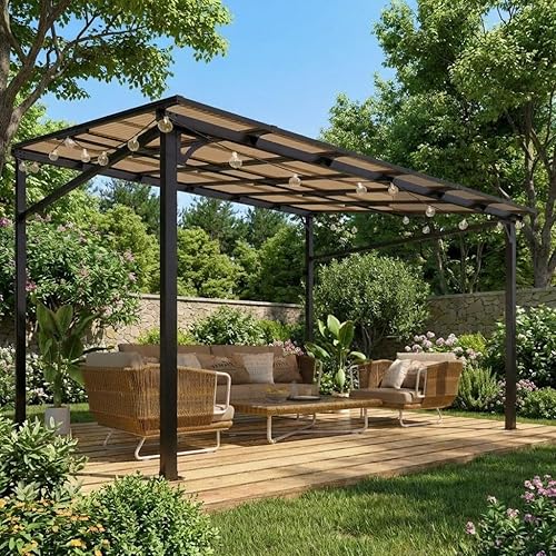 10x12ft Lean to Gazebo with Polycarbonate Hardtop Roof - Hardtop Wall Pergola, Aluminum Frame Wall Mounted Gazebo for Patio, Deck, Yard, Garden & Party Shade