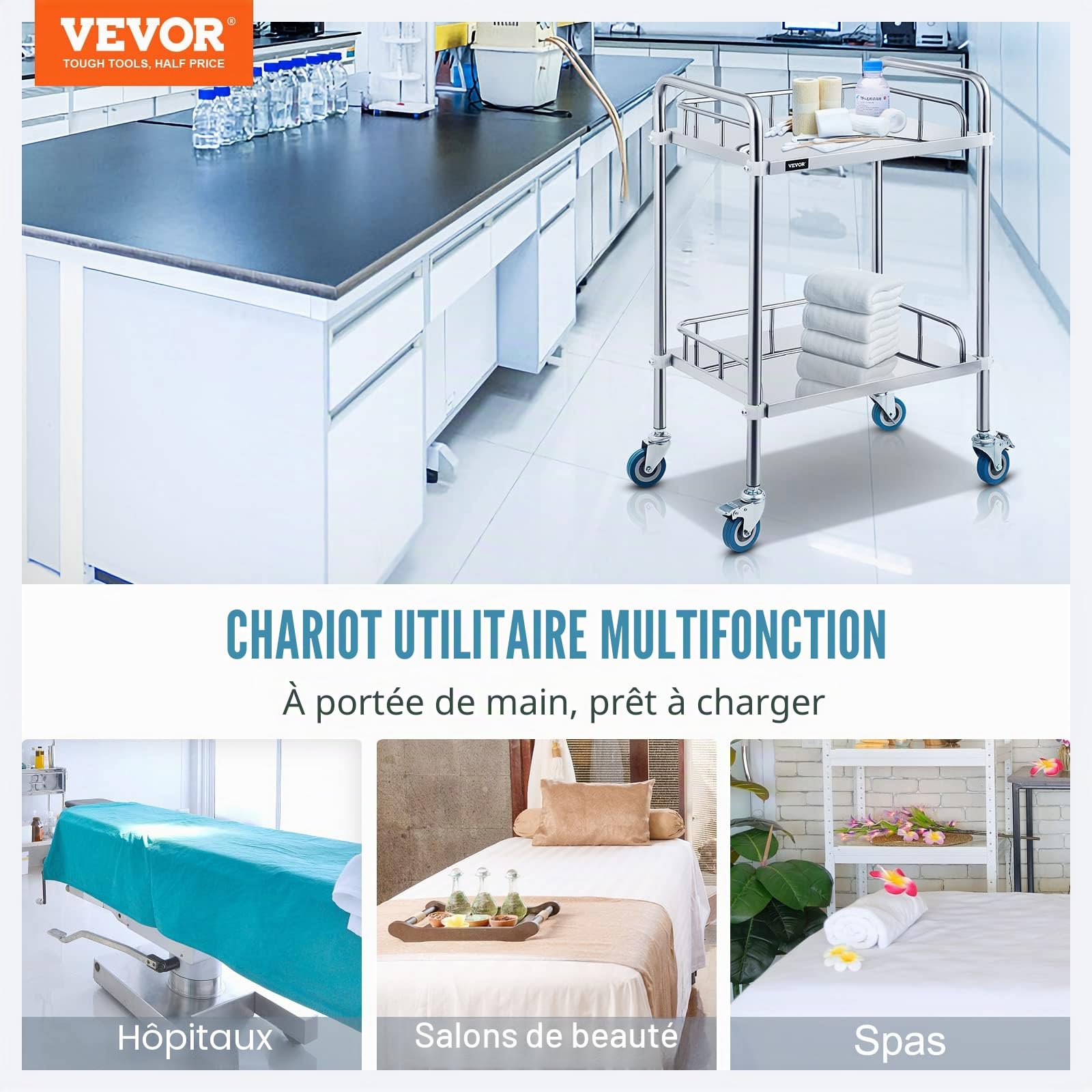 VEVOR Chariot de Laboratoire à 2 Étages, Service Médical 50*40*85 cm, Servante d'Atelier en Acier Inoxydable, Outil de Montage pour Hôtel, Salon, Beauté