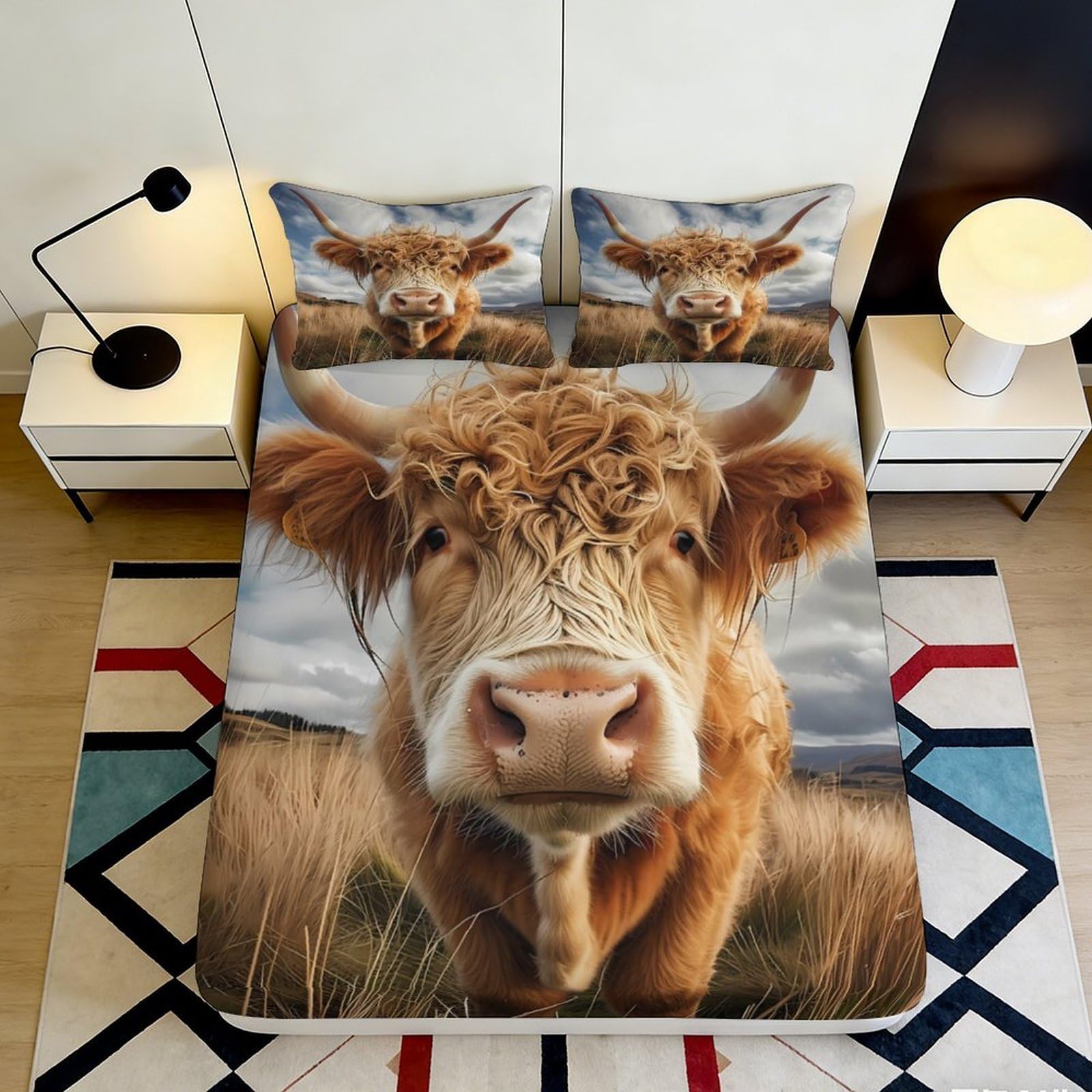 3D Printed Highland Cow Fitted Sheet Microfiber Soft Anti-Slip Farm Animal Bed Cover for Bedroom Dorm Decor 90x200x25cm
