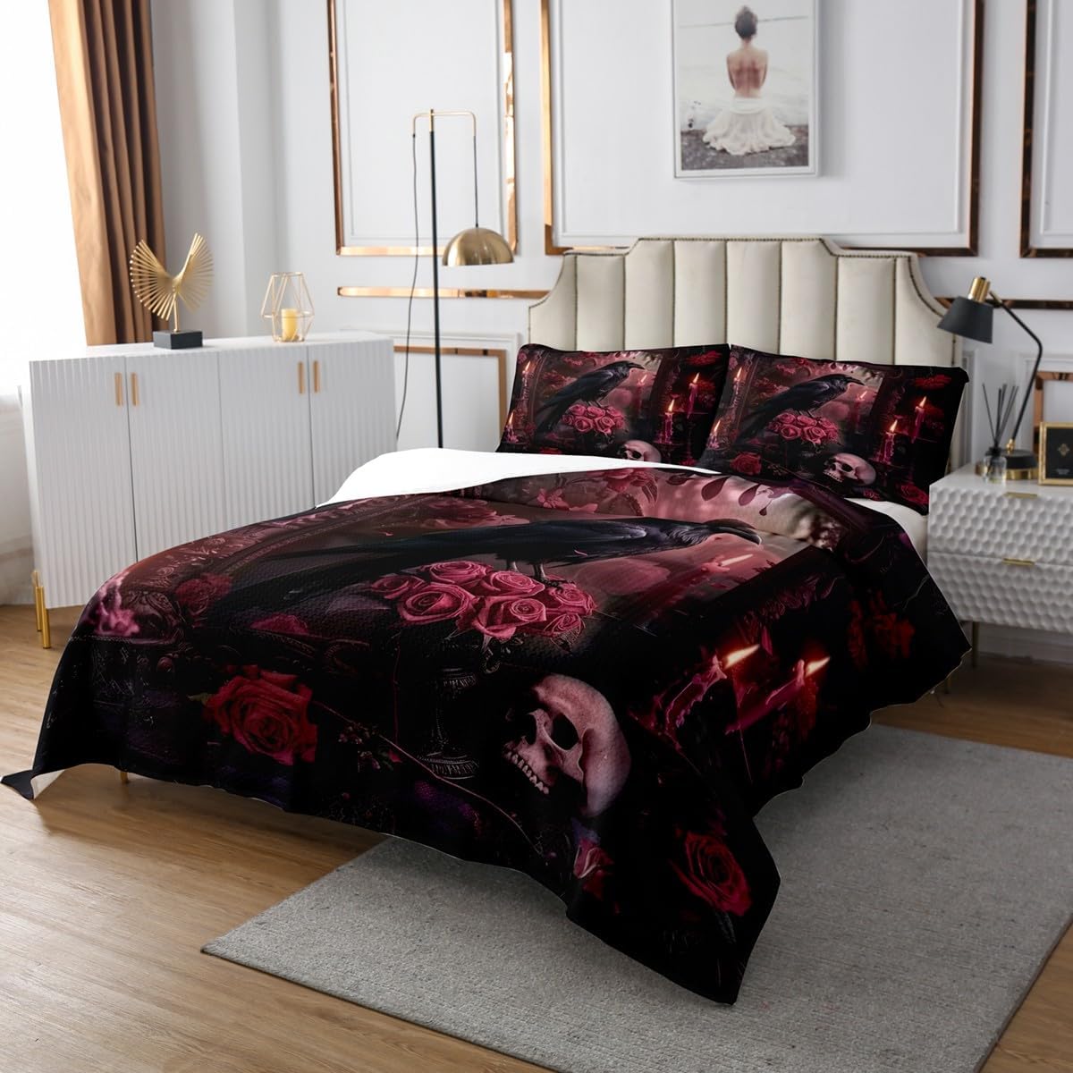 Erosebridal Halloween Bedspread Set Full Gothic Rose Raven Quilt Sets Black Crow Bird Animal Coverlet Sets for Kids Teen Adults,Halloween Holiday Decor Skull Floral Bed Set 2 Pillow Cases