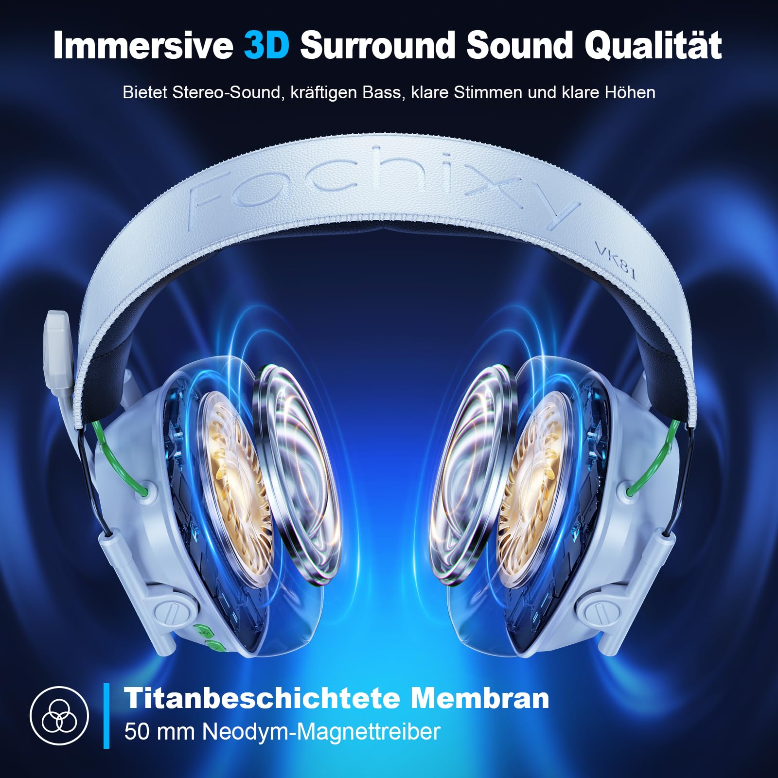 Fachixy Gaming Headset Wireless für PS4, PS5, Switch, PC, Mac, Laptop, 60H 2.4GHz Gaming Headset mit Noise Cancelling Mikrofon, Kabelloses Bluetooth kopfhörer mit LED-Lichtern, Surround Sound