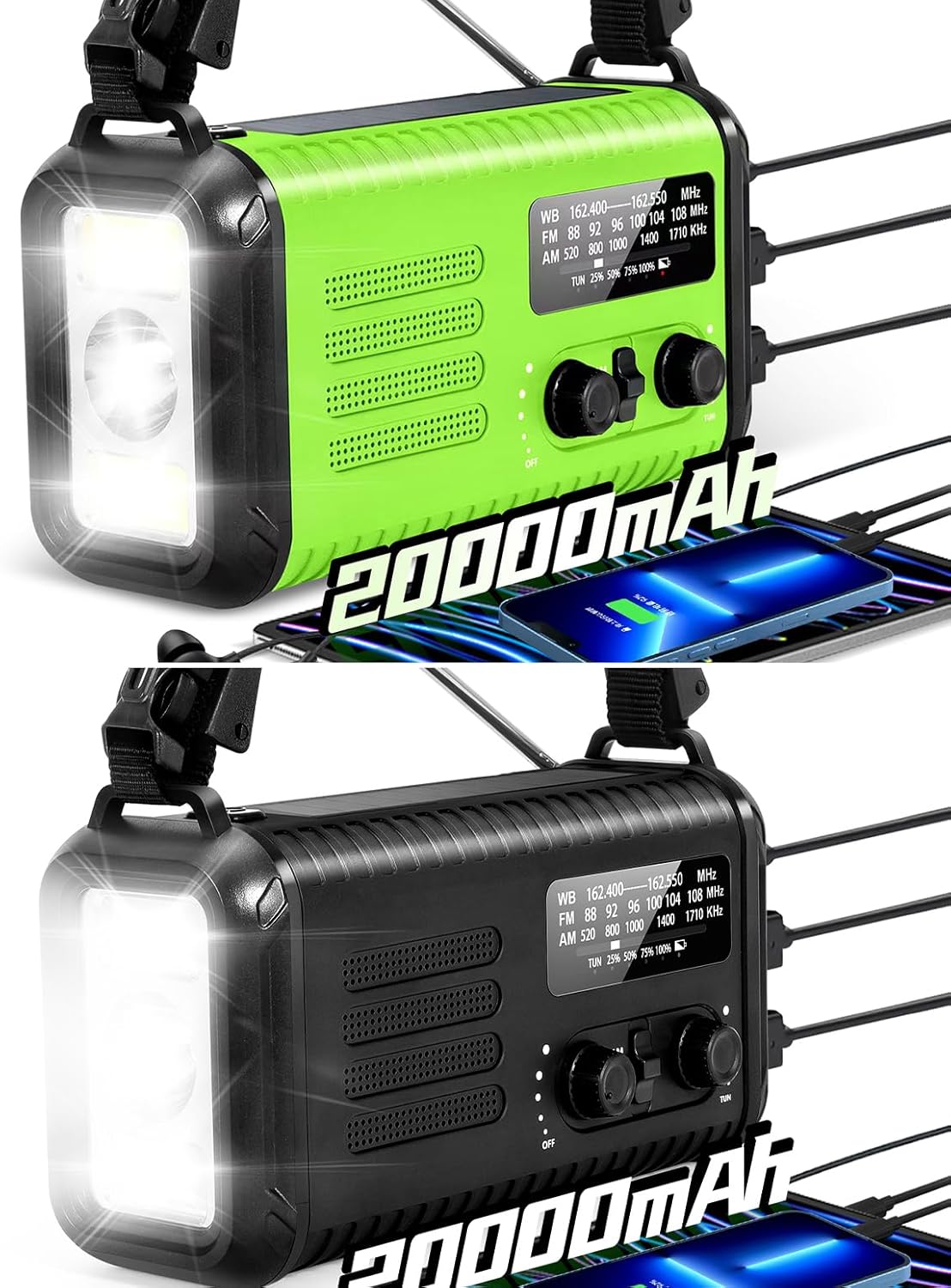 Emergency Crank Radio, 20000mAh/74000mWh Battery Powered, 2000mAh/7400mWh Weather Radio, Solar Hand Crank Radio with NOAA/AM/FM, Phone Charger, Reading Lamp, Flashlight & SOS for Camping/Home