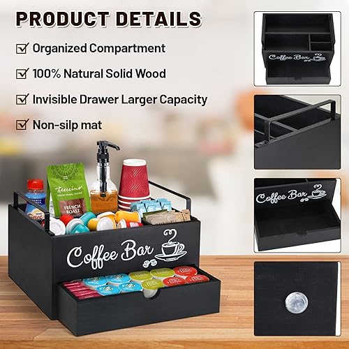 Miniatura 7 de Organizador de accesorios de barra de café, organizador de estación de café de madera con asa, cesta de almacenamiento para tazas K, soportes para