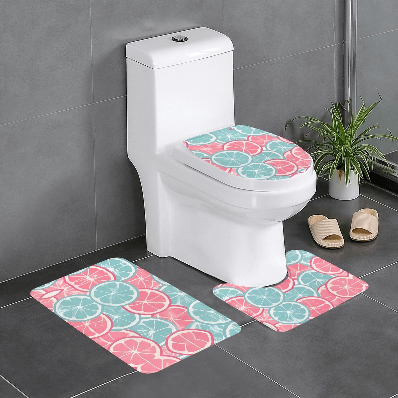 Tapis de salle de bain de qualité supérieure à motif agrumes rose et bleu pour WC