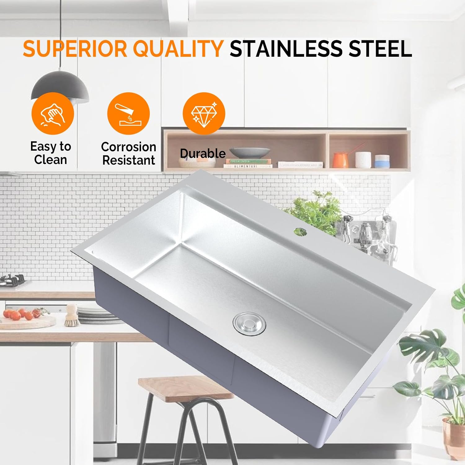 ROVSUN 33 Inch Stainless Steel Drop In, Kitchen Utility Sink, Workstation Deep Single Bowl, Integrated Ledge Multifunctional Workstation Sink Set,Silver