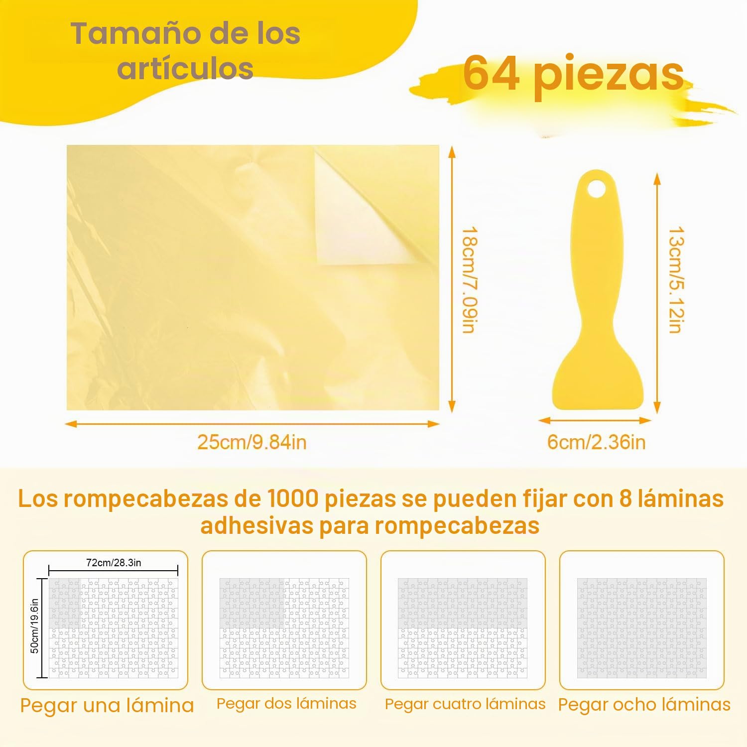 64 Hojas Pegamento para Puzzle Cola para Puzzle Papel Adhesivo Doble Cara Lámina Autoadhesiva Rompecabezas Apto para 8×1000 Piezas de Puzzles Fotos y Postales(25 × 18 cm)