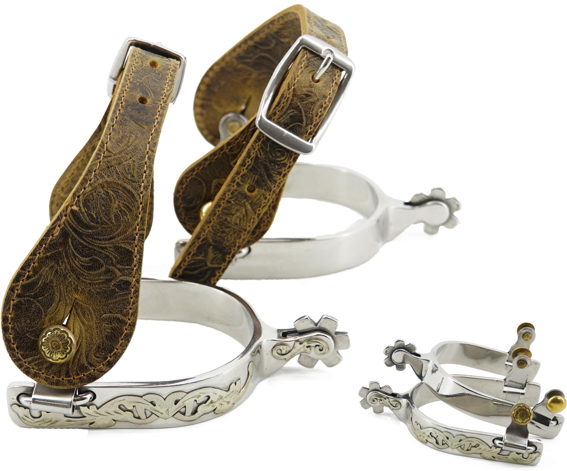 Jeereal Stainless Steel Western Cowboy Spurs with Spur Straps, Engraved German Silver Trims, 3/4" Iron, 1.0" Shank