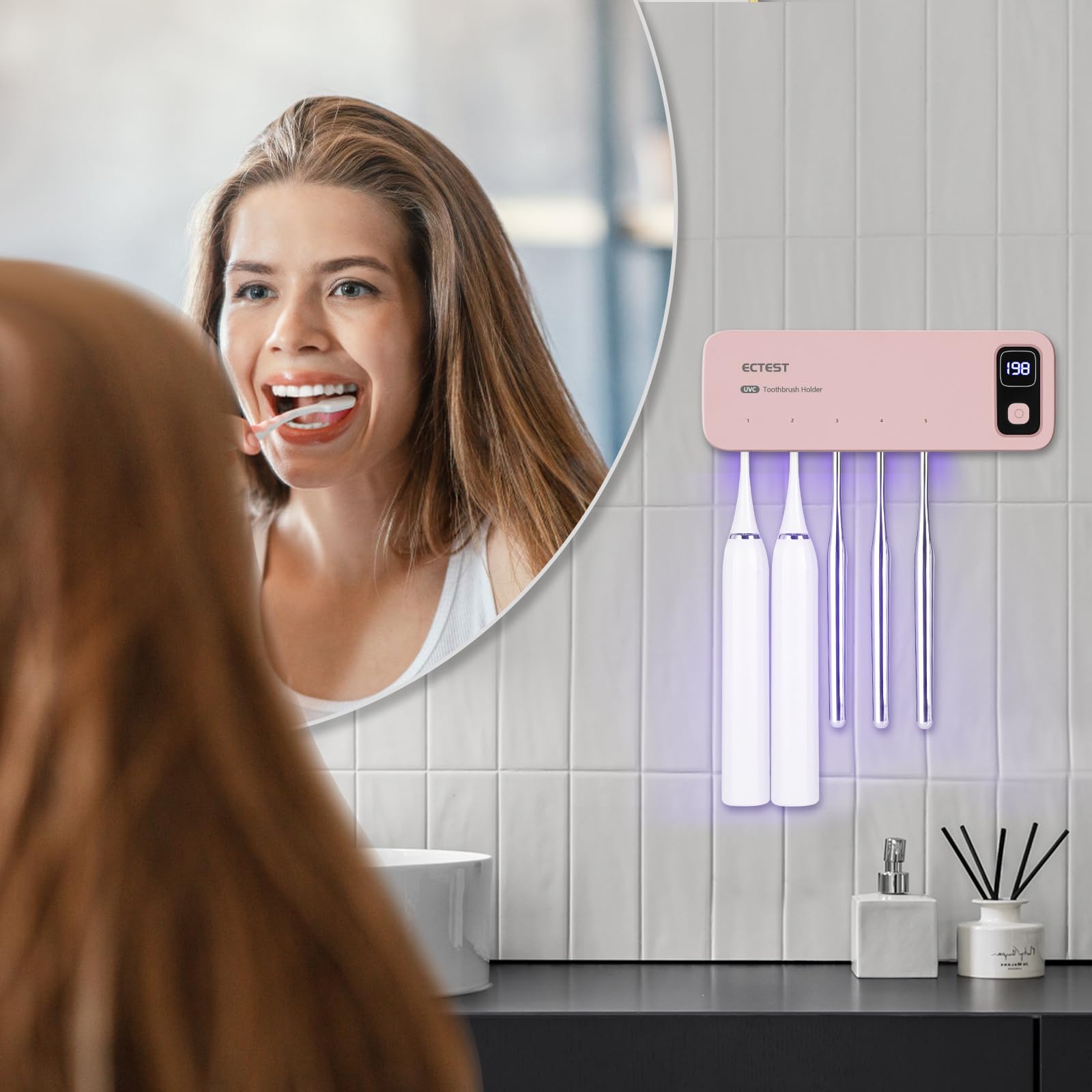 Soporte para cepillo de dientes San itizer, soporte para cepillo de dientes de pared con luz, 5 ranuras, soporte para cepillo de dientes recargable, funda para cepillo de dientes con secado al aire