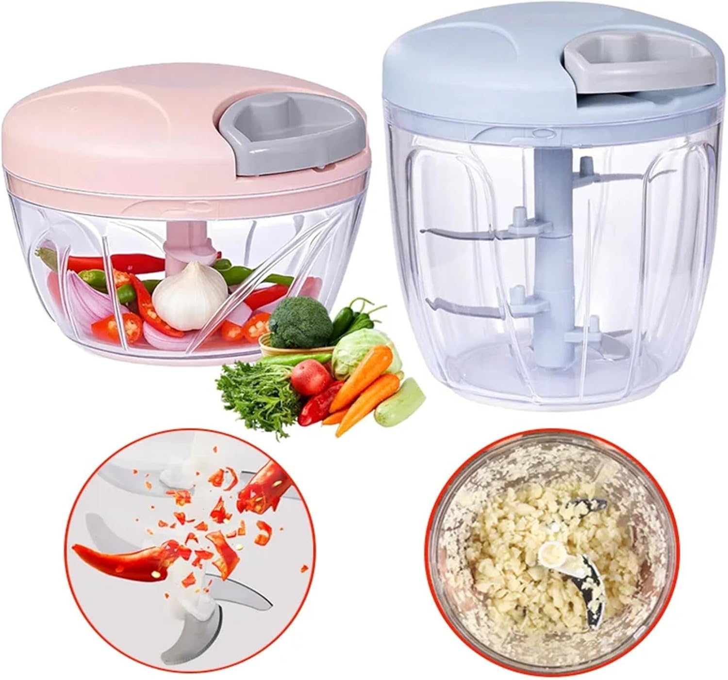 Manual Garlic Chopper Pull Rotate Press Blender for Kitchen Meat Grinder Vegetables Cutter Slicer Fruits Gadget Food Processor 500 900ML(900ml-Pink)