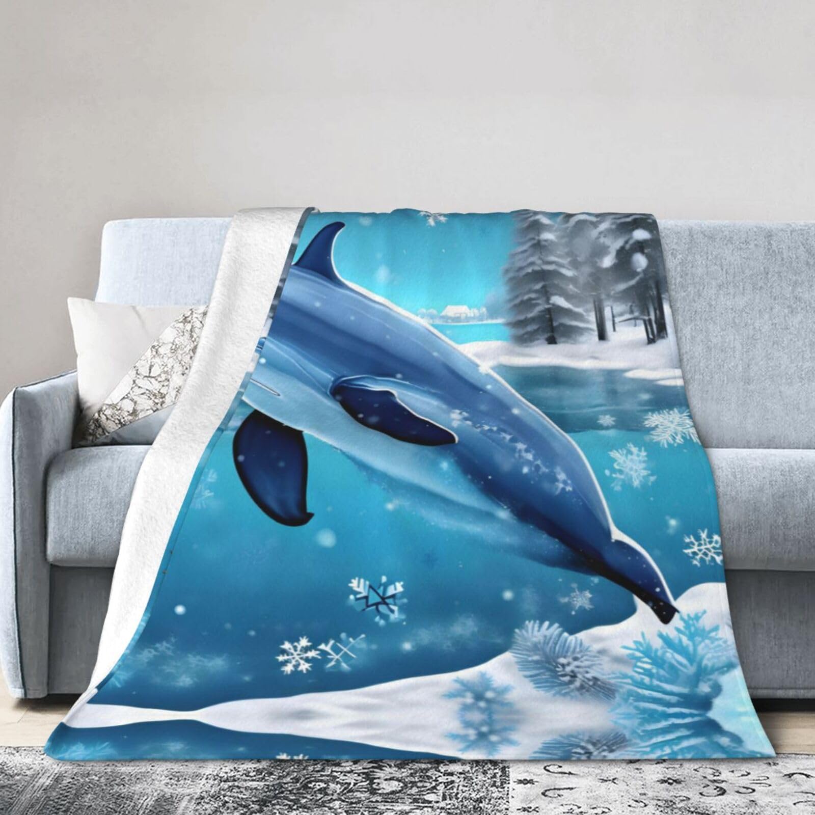 Winter The Dolphin 40"x30" Fleece Blanket, Full Size, Super Soft, Suitable for Bed, Sofa, Camping, All Seasons