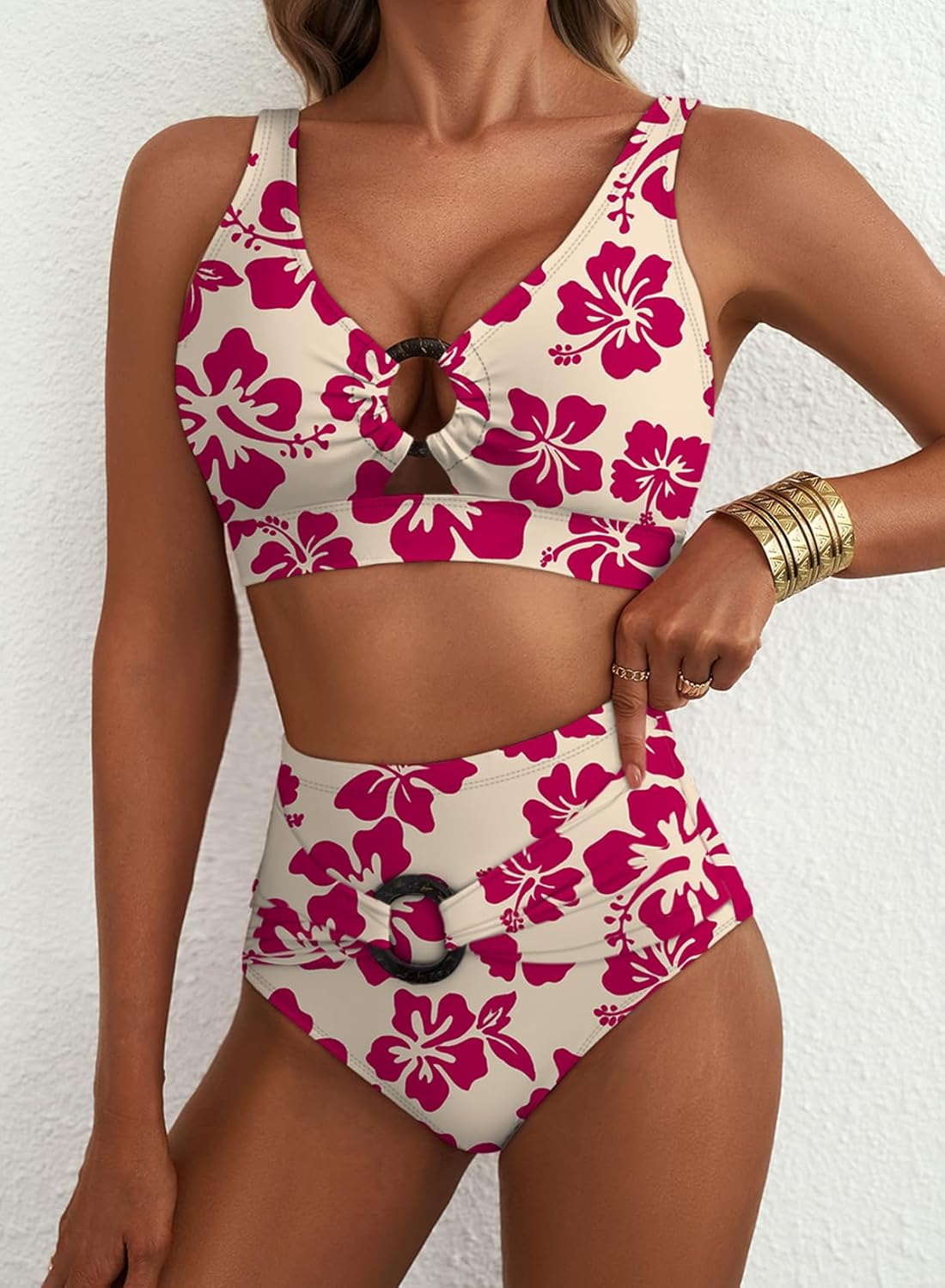 Herseas Women's High Waisted Bikini Sets - Floral Print 2 Piece Swimsuits Tummy Control Modest O Ring Bathing Suit - Image 3