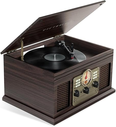 Victrola Hawthorne - Reproductor de discos Bluetooth de 3 velocidades (33 13, 45, 78 RPM) con CD, cassette, radio FM y altavoces estéreo integrados,