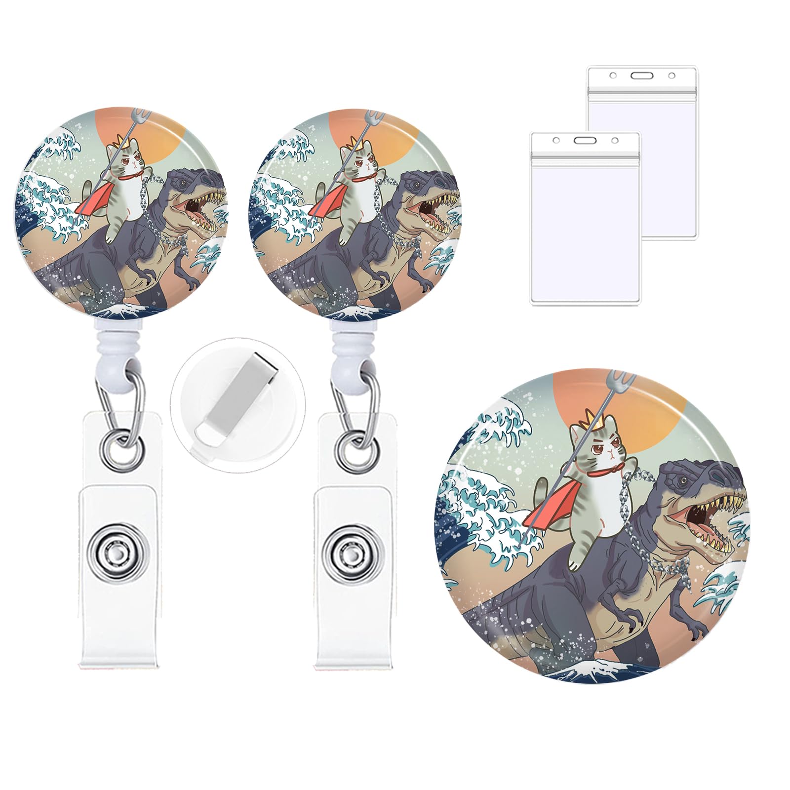 Photo 1 of 2Pcs Dinosaur Cat Badge Reels with Vertical Clear Plastic ID Card Holders (2.5" x 3.7") Retractable Name Tag ID Clip Holder Nursing Student RN Pediatric Teacher Office Work Accessories