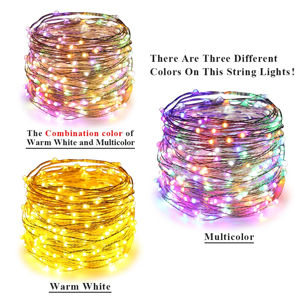 ErChen Dual-Color LED String Lights, 100 FT 300 LEDs Plug in Silvery Copper Wire 8 Modes Dimmable Fairy Lights with Remote Timer for Indoor Outdoor Christmas (Multicolor/Warm White)