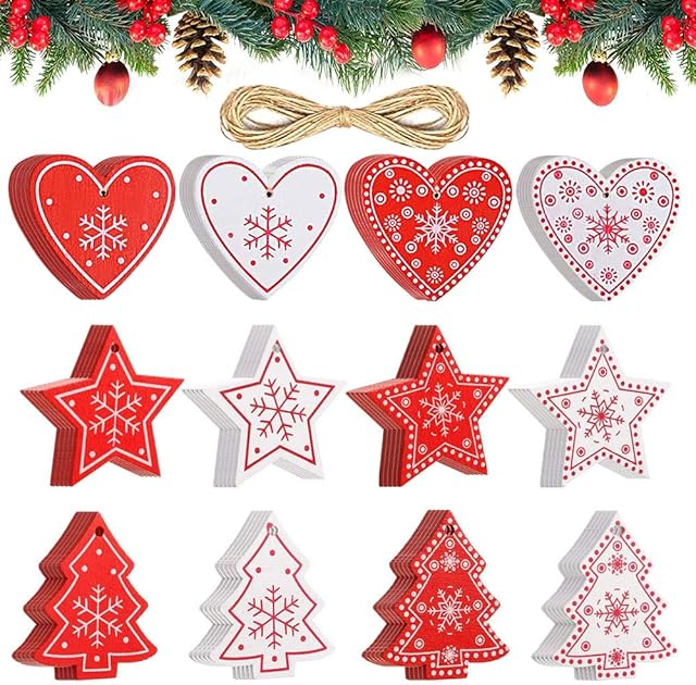 GORISEN Wooden Christmas Tree Decoration Set,60 Pcs Wood Slice Christmas Decorations Pendant Ornament Crafts Kit 3 Shape with 10m Rope white and Red Color Wooden Xmas Decorations for Christmas Tree
