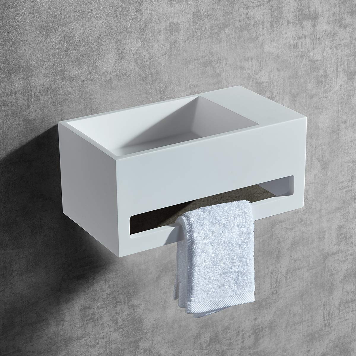BERNSTEIN - Vasque Lavabo Rectangulaire suspendu Blanc mat 60x40x20cm Lave main mural fonte minérale + Porte-serviette & Bonde sans cache - Etagère à droite - Design, Robuste & Durable - TWG02