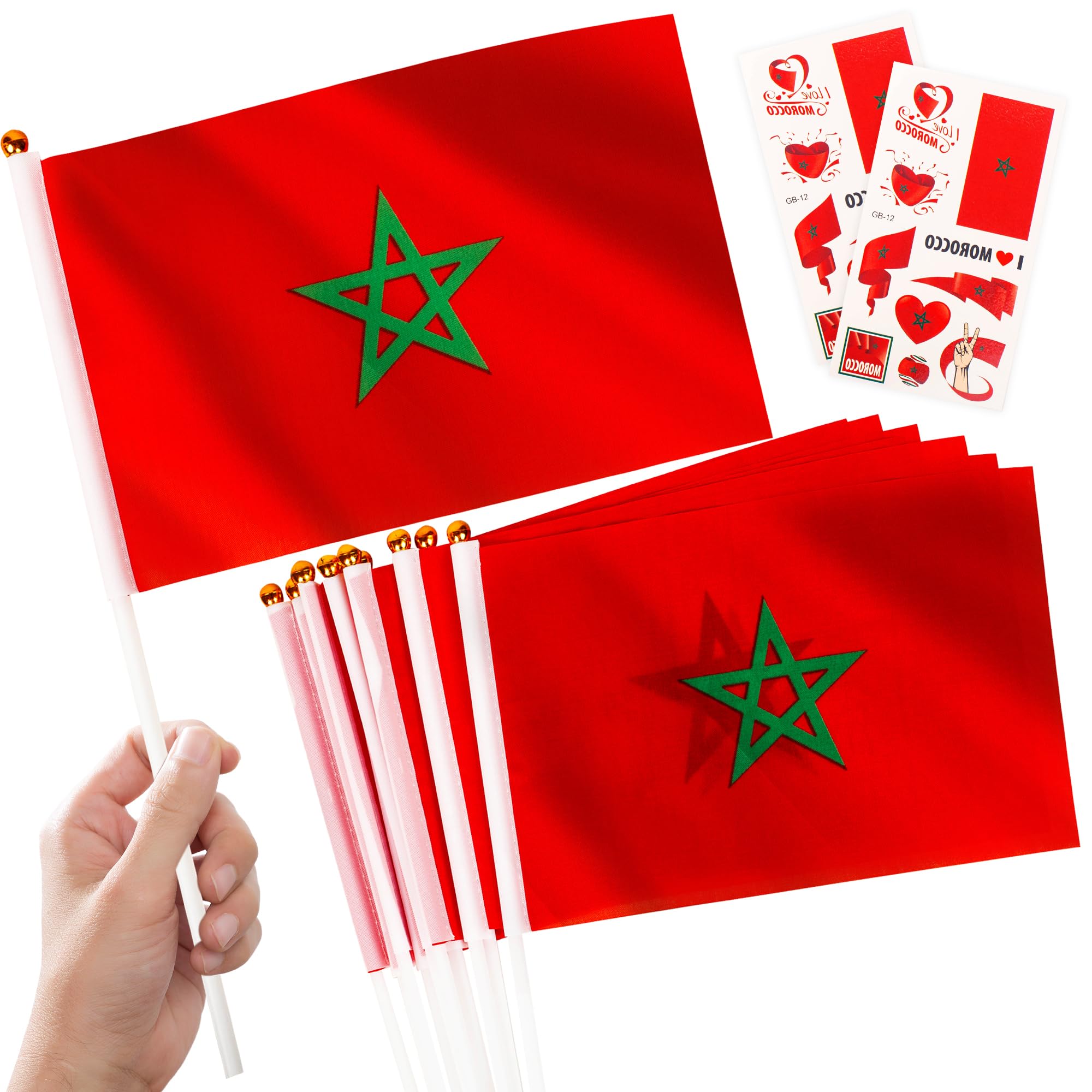10pcs Morocco Flags Hand Held Mini Small Flag on Sticks & 2pcs Tattoos,World Cup Football 2026 Morocco Tournament Flags Decorations for football fans Game Day National Day Pub Party Decor