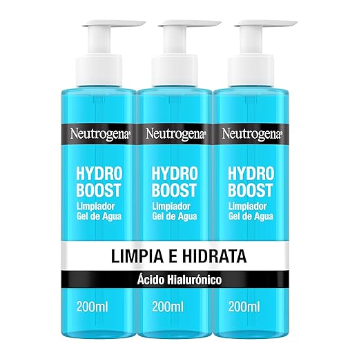 Neutrogena Limpiador Gel de Agua Facial Hydro Boost, con Ácido Hialurónico, Textura Ligera, Hidratación y Limpieza, pack de 3 unidades de 200 ml cada una