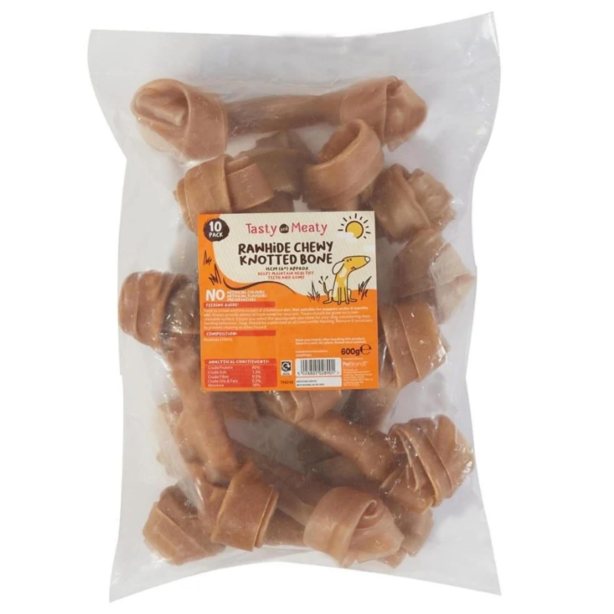 Tasty & Meaty Rawhide Knotted Bones Dog Treats, (6" Approx) - Long Lasting Dog Chews, 100% Natural Hide - Pack of 10, 600g