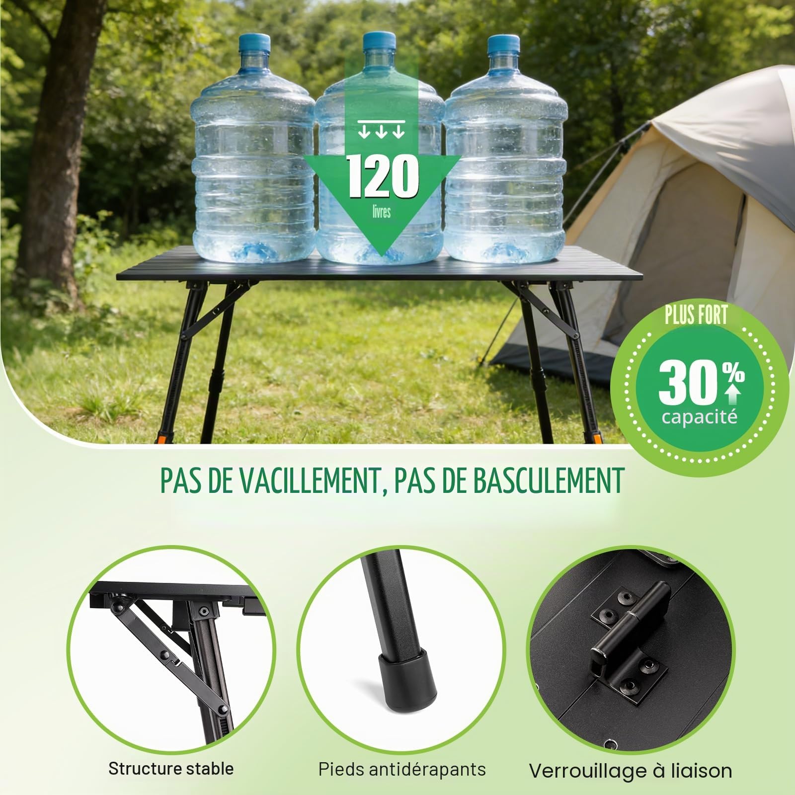 Table Pliante Exterieur Table Camping Pliante Table de Camping en Alliage d'aluminium avec Plateau sans Montage et Pieds Réglables en Hauteur à l'infini Table de Jardin 95cm*52cm