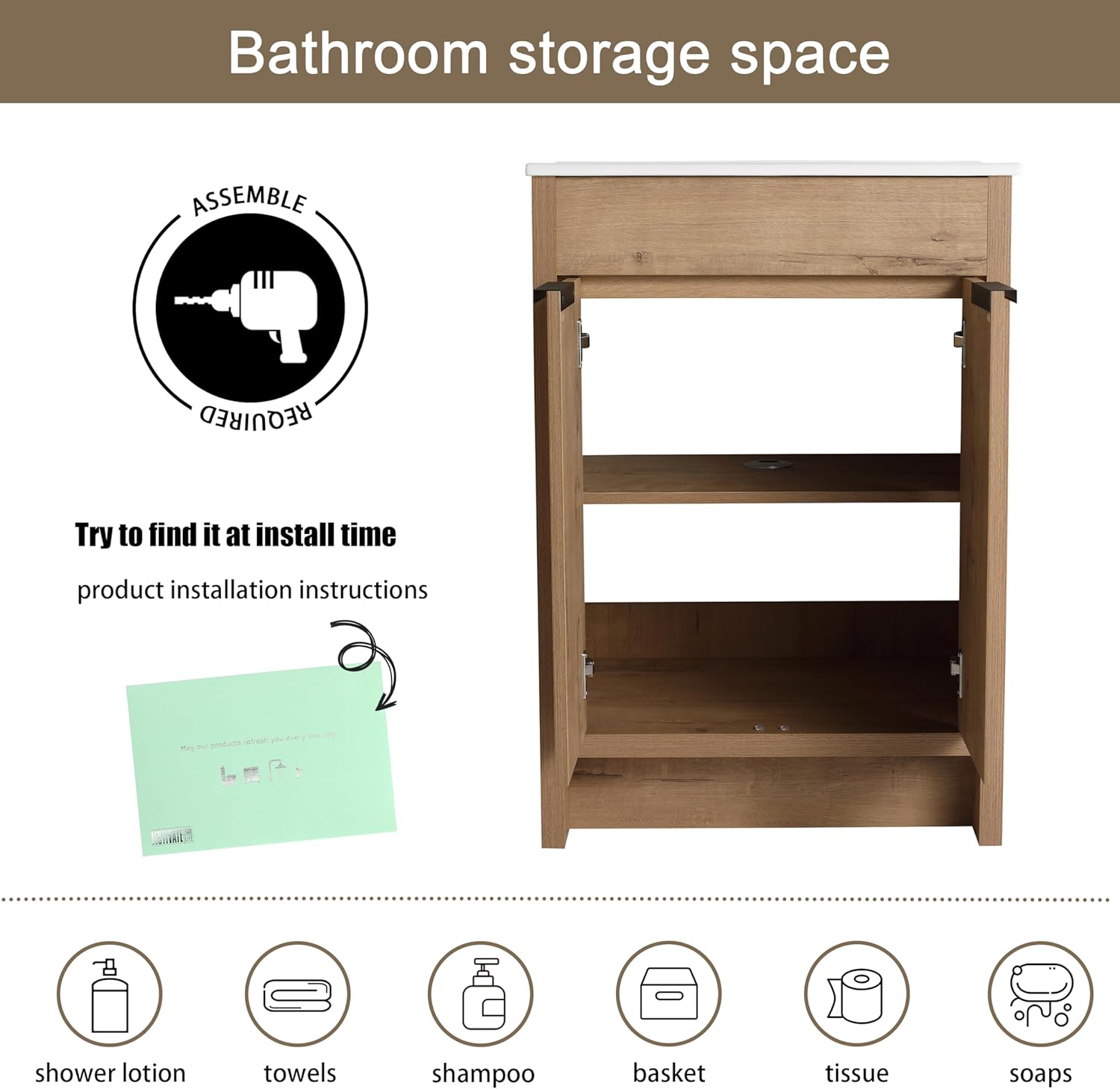 Malwee 24 Inch Freestanding Bathroom Vanity with Sink, 24'' Floor Standing Bathroom Vanity, Modern Vanity with 2 Doors and White Ceramic Basin Sink Top (024-24)