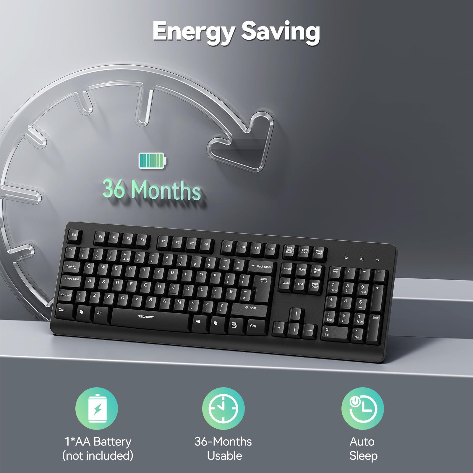 TECKNET Wireless Keyboard for Laptop, 2.4G USB Silent Computer Keyboard with Ergonomic Keys & Adjustable Feet Stand for Desktop, PC, Notebook, and Windows, QWERTY UK Full Size Layout- Black — view 4