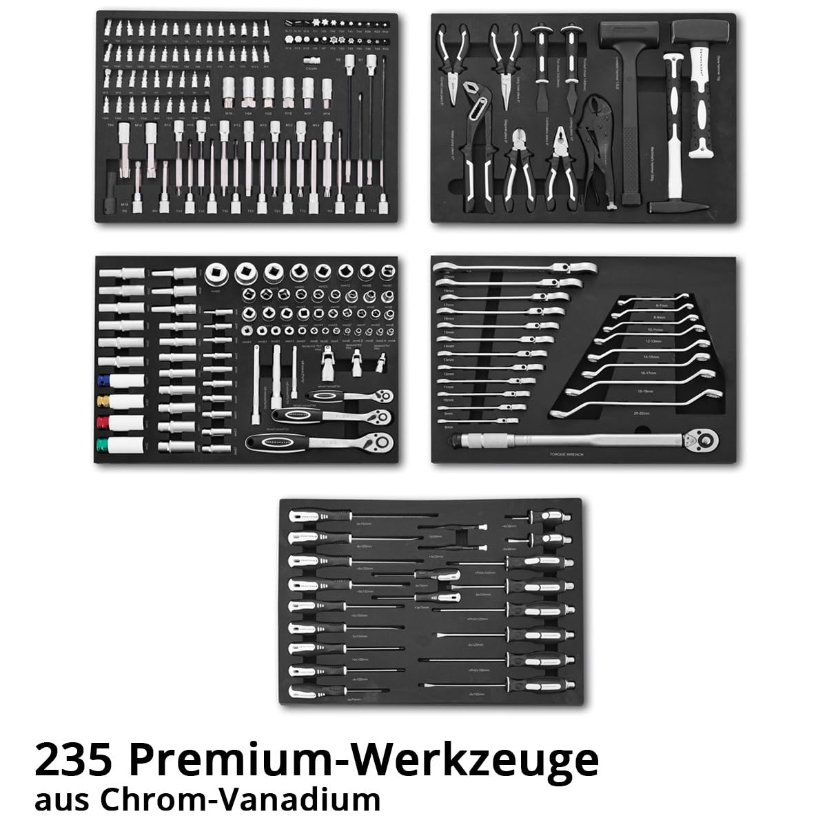 STAHLWERK Werkstattwagen Shark bestückt mit 235 Premium-Werkzeugen aus Chrom-Vanadium abschließbarer Werkzeugwagen | Profi Montagewagen mit 7 Schubladen und gummierten Long-Life-Rollen