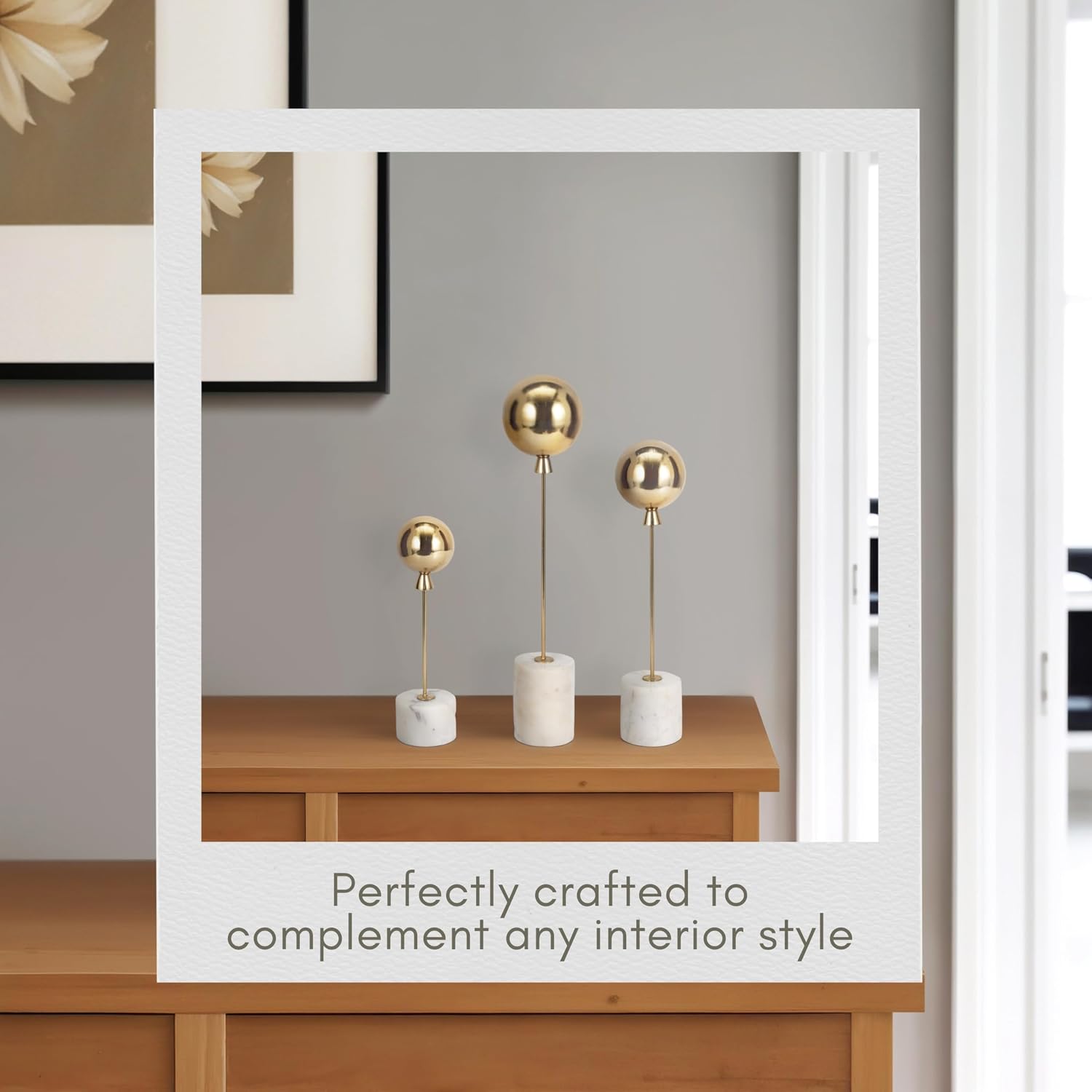 Set of 3 Abstract Orb Sculptures with Iron and Aluminum Accents - Metal & Marble Decorative Object - Modern Home Decor for Office, Bedroom & Living Room – 11", 15" & 18", Gold