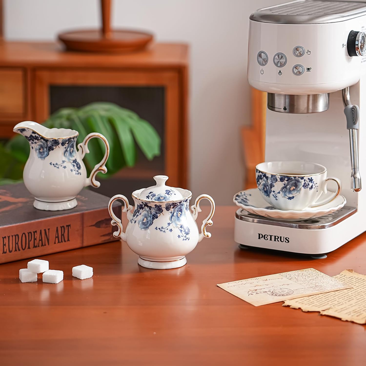 ceramic tea cup and saucer set of 4,floral teacup sets for Coffee,Ceramic Sugar and Creamer Set, 2 Piece Set