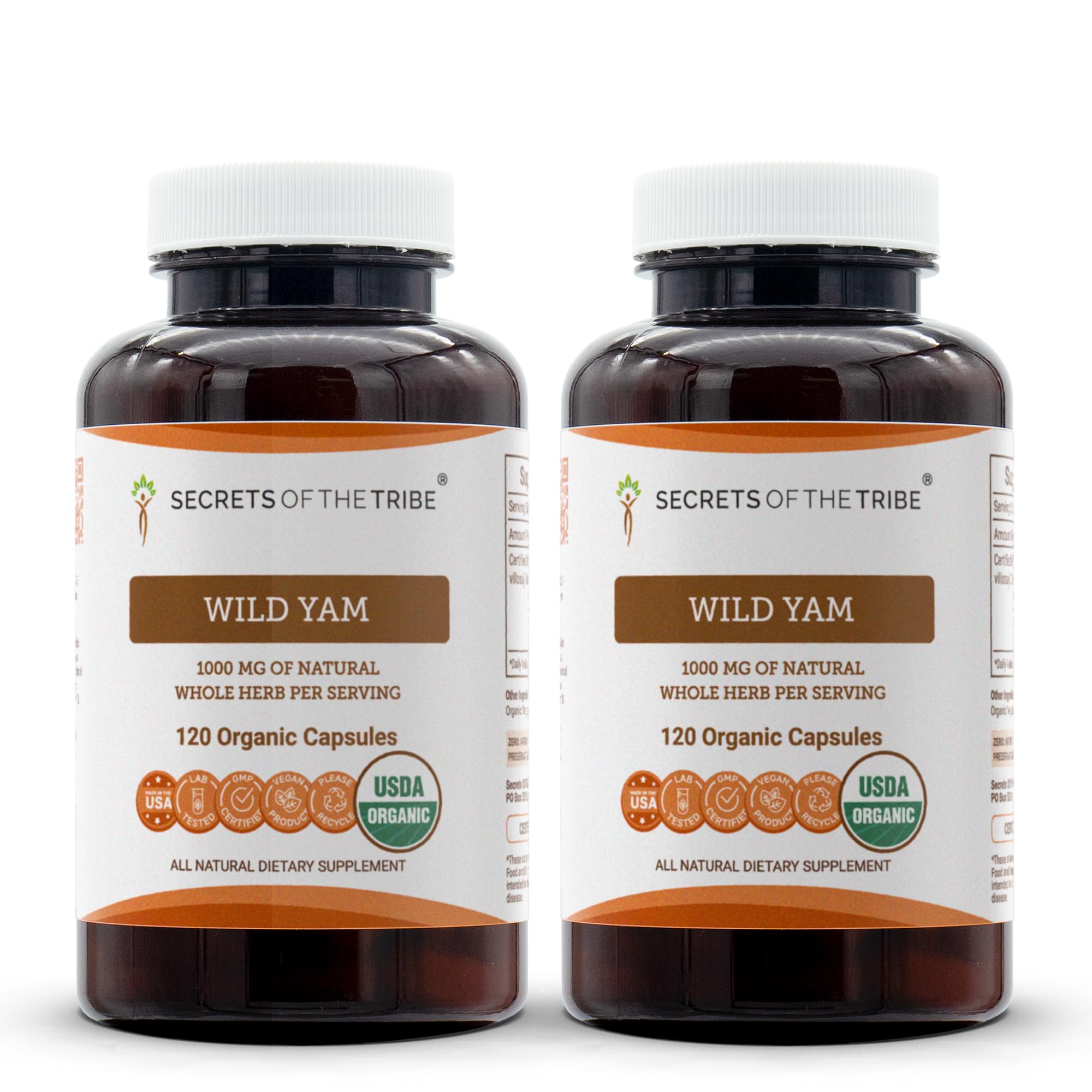 Secrets of the Tribe Wild Yam Capsules 1000 mg Responsibly farmed USDA Organic Wild Yam (Dioscorea Villosa) Dried Root, Hormone Support Supplement (2x120 Capsules)
