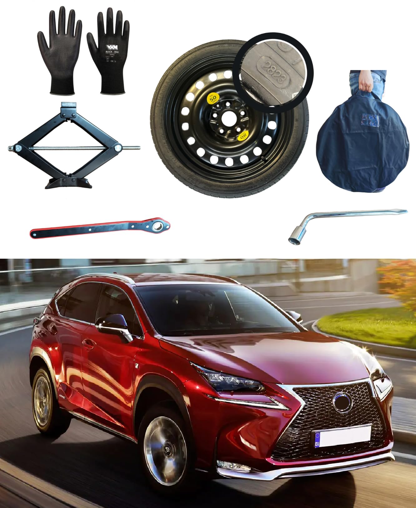 Kit Ruotino di Scorta 18" compatibile con Lexus NX 300H (2022>) con Cric, Chiave, Guanti e Sacca