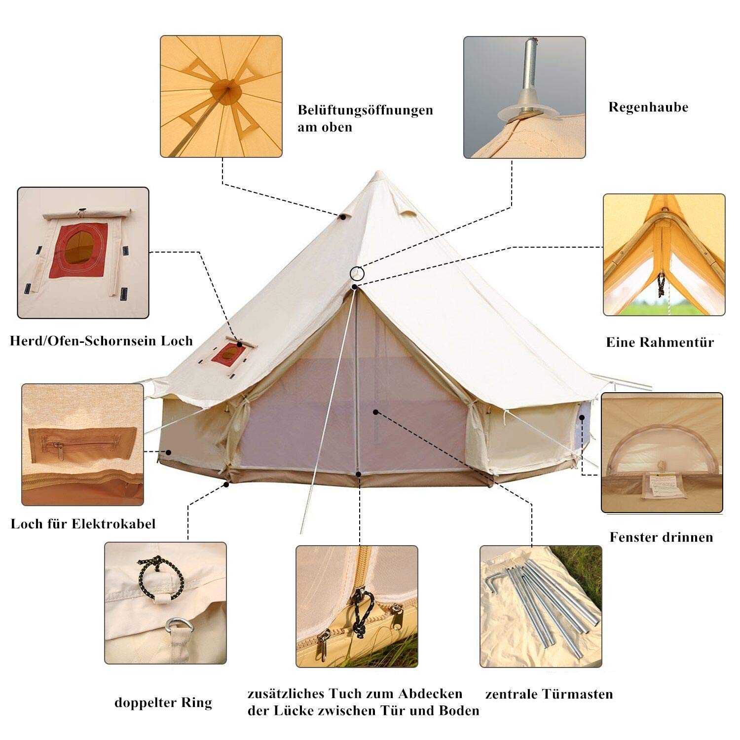 Sport Tent-wasserdichte Campingzelt Familienzelt Baumwolle Tipi Zelt mit Herdheber/Lochrohrentlüftung Indiana Zelt 3-6M Bell Tent Teepee Pyramidenzelt für Gruppen Familien
